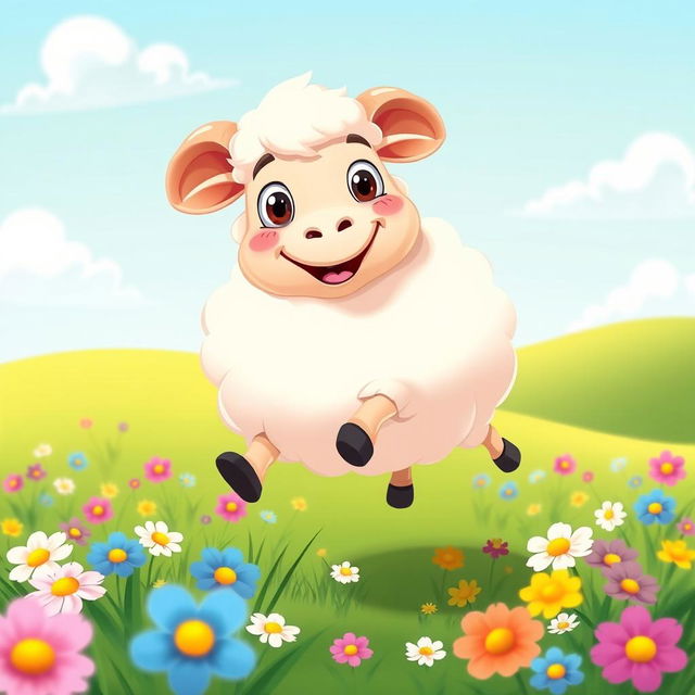 A cheerful cartoon sheep with fluffy white wool, big expressive eyes, and an adorable smile