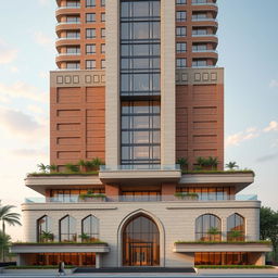 A stunning and captivating building design featuring a 20-story modern skyscraper that incorporates elements of the magnificent Ali Qapu Palace in Isfahan