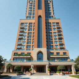 A stunning and captivating building design featuring a 20-story modern skyscraper that incorporates elements of the magnificent Ali Qapu Palace in Isfahan