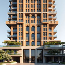 A stunning and captivating building design featuring a 20-story modern skyscraper that incorporates elements of the magnificent Ali Qapu Palace in Isfahan