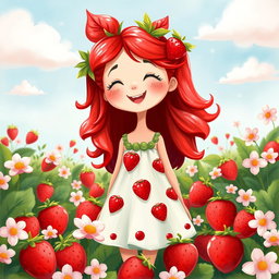 A whimsical and vibrant illustration of a strawberry girl, with bright red hair resembling strawberry leaves and bursts of juicy strawberries adorning her dress