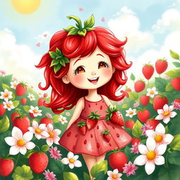 A whimsical and vibrant illustration of a strawberry girl, with bright red hair resembling strawberry leaves and bursts of juicy strawberries adorning her dress
