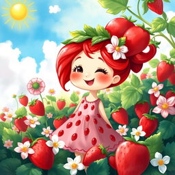 A whimsical and vibrant illustration of a strawberry girl, with bright red hair resembling strawberry leaves and bursts of juicy strawberries adorning her dress