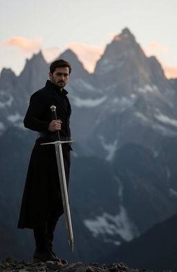 A lone man dressed in an elegant black outfit, gripping a sword firmly in his hands