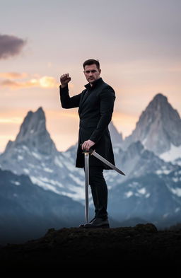 A lone man dressed in an elegant black outfit, gripping a sword firmly in his hands