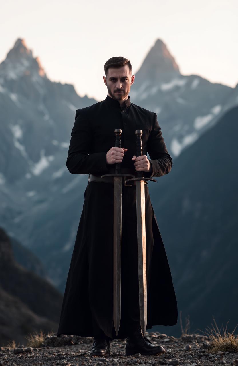 A lone man dressed in an elegant black outfit, gripping a sword firmly in his hands