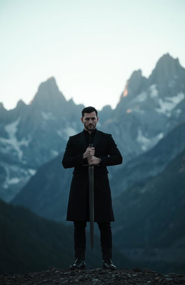 A lone man dressed in an elegant black outfit, gripping a sword firmly in his hands