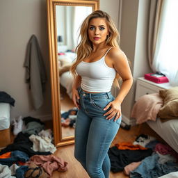A full-length photograph of a stunning and curvy young woman with very thick, long, messy dirty blond hair and captivating crystal blue eyes