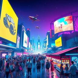 A dynamic and colorful digital artwork featuring a futuristic skyline with neon lights, reflecting a vibrant nightlife atmosphere
