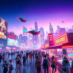 A dynamic and colorful digital artwork featuring a futuristic skyline with neon lights, reflecting a vibrant nightlife atmosphere