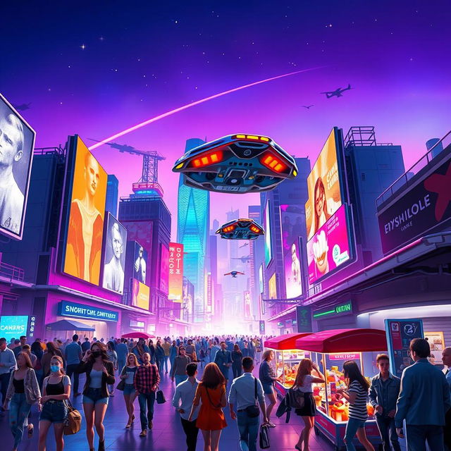 A dynamic and colorful digital artwork featuring a futuristic skyline with neon lights, reflecting a vibrant nightlife atmosphere
