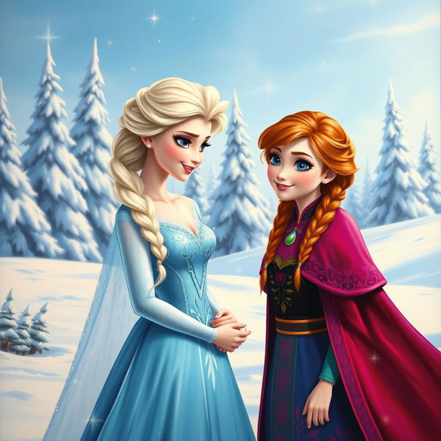 A beautifully detailed painting of two princess sisters resembling Elsa and Anna, standing together in a snowy landscape
