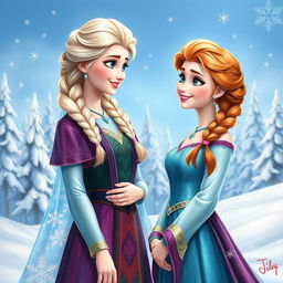 A beautifully detailed painting of two princess sisters resembling Elsa and Anna, standing together in a snowy landscape
