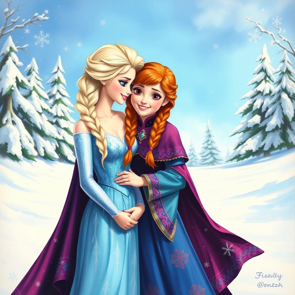 A beautifully detailed painting of two princess sisters resembling Elsa and Anna, standing together in a snowy landscape