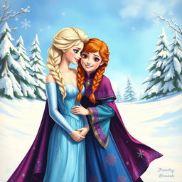A beautifully detailed painting of two princess sisters resembling Elsa and Anna, standing together in a snowy landscape
