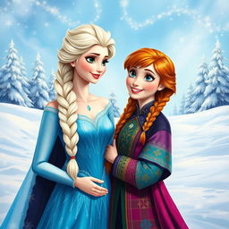 A beautifully detailed painting of two princess sisters resembling Elsa and Anna, standing together in a snowy landscape