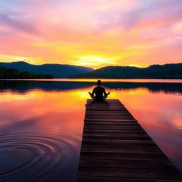 A serene landscape depicting a beautiful sunset over a tranquil lake, surrounded by lush green hills and trees