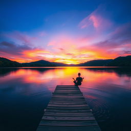 A serene landscape depicting a beautiful sunset over a tranquil lake, surrounded by lush green hills and trees