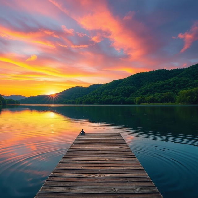 A serene landscape depicting a beautiful sunset over a tranquil lake, surrounded by lush green hills and trees