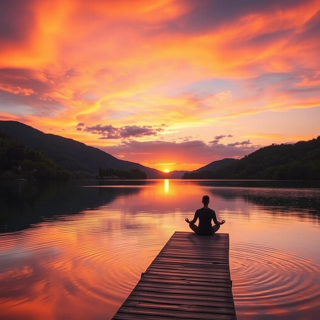 A serene landscape depicting a beautiful sunset over a tranquil lake, surrounded by lush green hills and trees