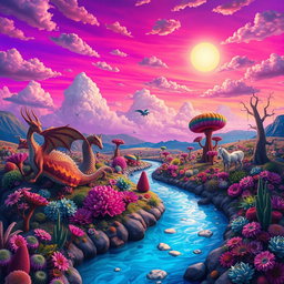 A surreal depiction of a vibrant, otherworldly scene featuring a fantastical landscape with vivid colors and imaginative flora and fauna, where the sky is painted in shades of purple and pink, illuminated by two suns and scattered clouds, creating a dreamlike atmosphere