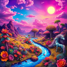 A surreal depiction of a vibrant, otherworldly scene featuring a fantastical landscape with vivid colors and imaginative flora and fauna, where the sky is painted in shades of purple and pink, illuminated by two suns and scattered clouds, creating a dreamlike atmosphere