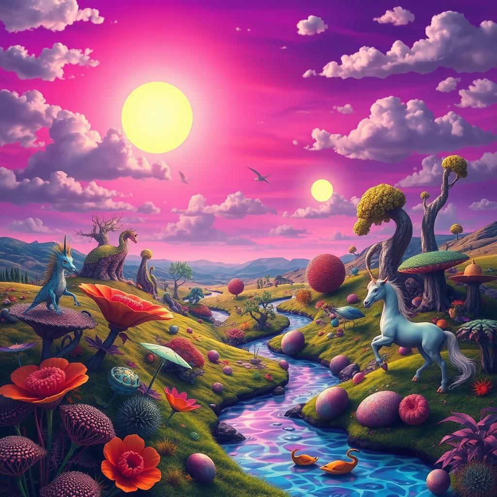 A surreal depiction of a vibrant, otherworldly scene featuring a fantastical landscape with vivid colors and imaginative flora and fauna, where the sky is painted in shades of purple and pink, illuminated by two suns and scattered clouds, creating a dreamlike atmosphere