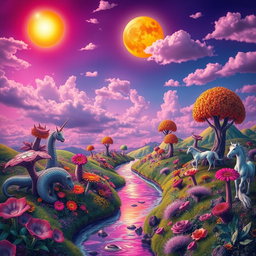 A surreal depiction of a vibrant, otherworldly scene featuring a fantastical landscape with vivid colors and imaginative flora and fauna, where the sky is painted in shades of purple and pink, illuminated by two suns and scattered clouds, creating a dreamlike atmosphere