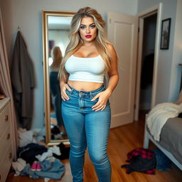 A full-length photograph of a beautiful and curvy young woman with very thick, long, messy dirty blond hair and alluring crystal blue eyes