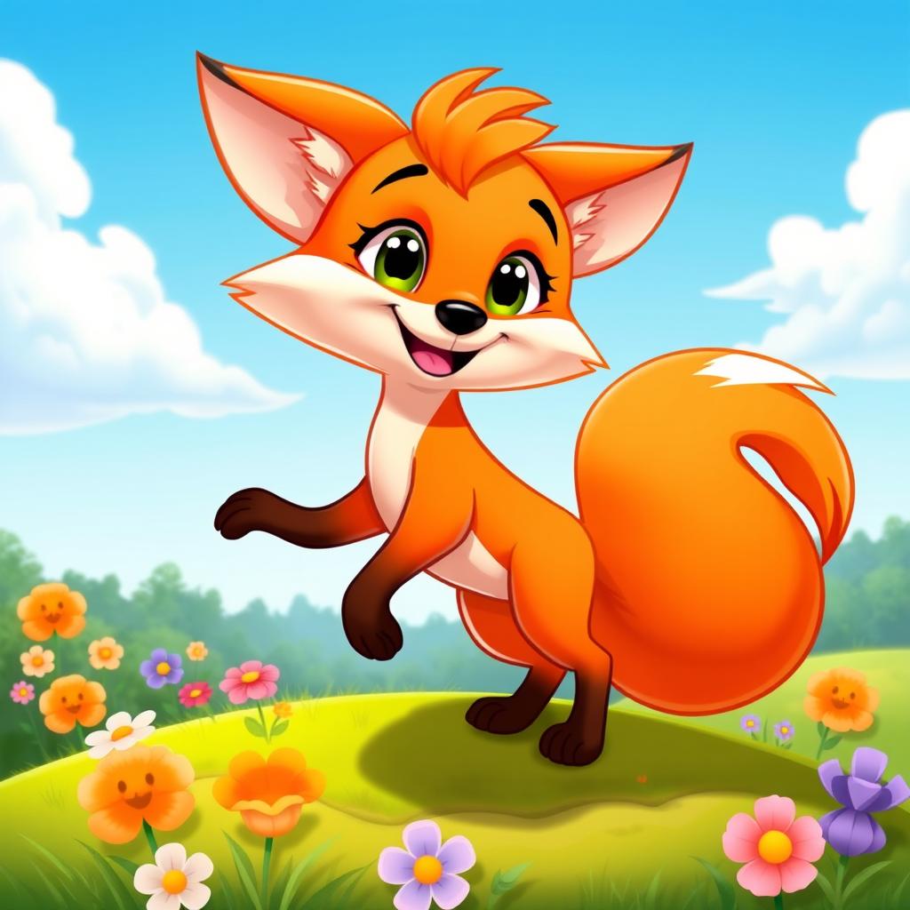 A cartoon-style fox with vibrant orange fur, large expressive eyes, and a bushy tail