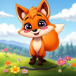 A cartoon-style fox with vibrant orange fur, large expressive eyes, and a bushy tail