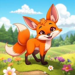 A cartoon-style fox with vibrant orange fur, large expressive eyes, and a bushy tail