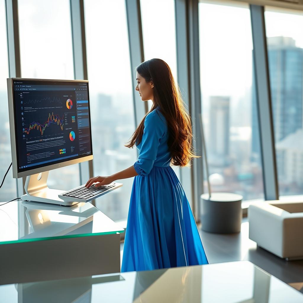 A young woman in a flowing blue dress standing in front of a large computer, engaged in work