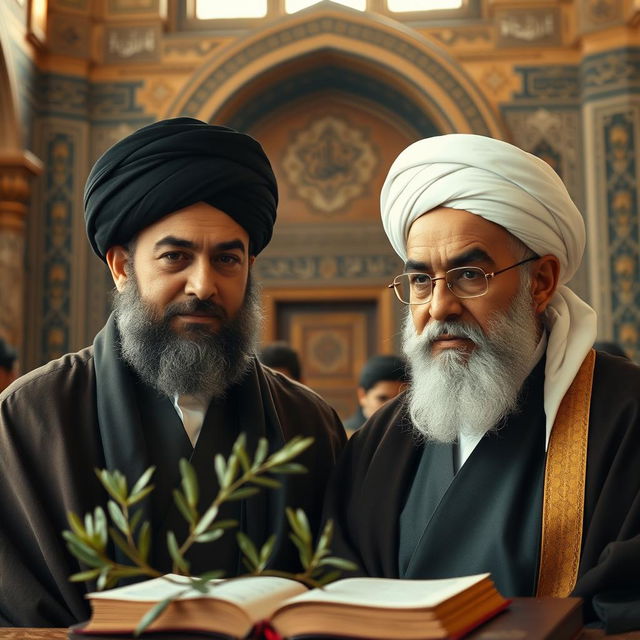 A compelling portrait of Hassan Nasrallah and Imam Khomeini, depicted in a respectful and reverent manner