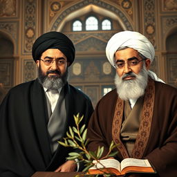 A compelling portrait of Hassan Nasrallah and Imam Khomeini, depicted in a respectful and reverent manner