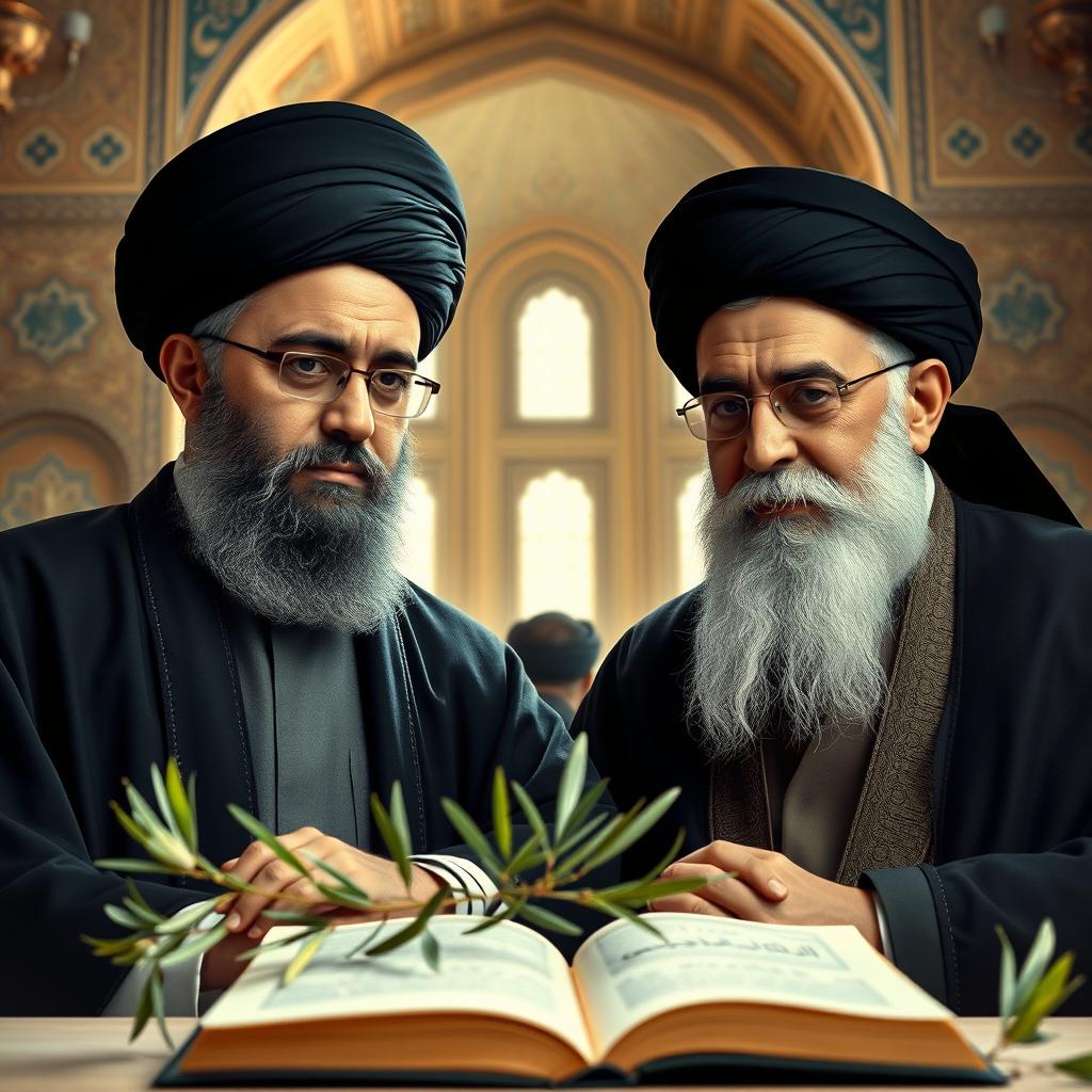 A compelling portrait of Hassan Nasrallah and Imam Khomeini, depicted in a respectful and reverent manner