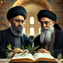 A compelling portrait of Hassan Nasrallah and Imam Khomeini, depicted in a respectful and reverent manner