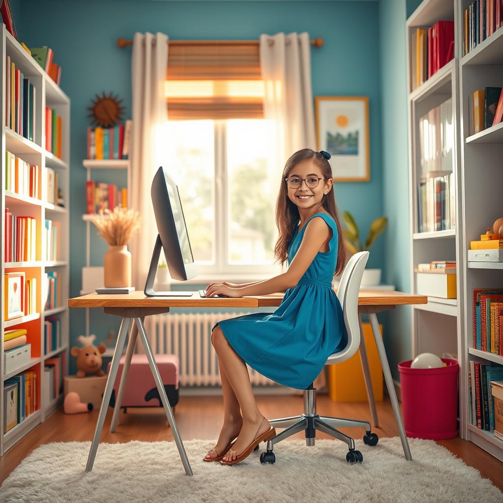 A girl wearing a blue dress, sitting in a cozy room with a computer on a stylish desk, surrounded by vibrant interior decor