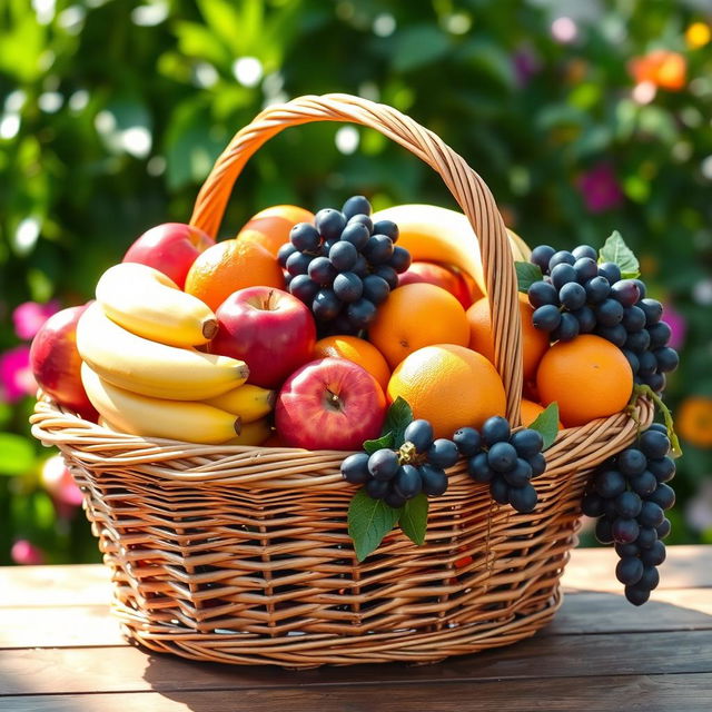 A beautifully arranged wicker basket filled with an assortment of fresh, vibrant fruits including ripe red apples, yellow bananas, juicy oranges, and clusters of purple grapes