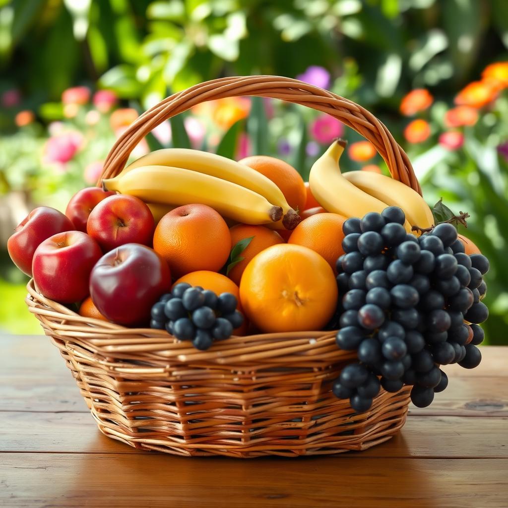 A beautifully arranged wicker basket filled with an assortment of fresh, vibrant fruits including ripe red apples, yellow bananas, juicy oranges, and clusters of purple grapes