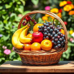 A beautifully arranged wicker basket filled with an assortment of fresh, vibrant fruits including ripe red apples, yellow bananas, juicy oranges, and clusters of purple grapes