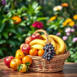 A beautifully arranged wicker basket filled with an assortment of fresh, vibrant fruits including ripe red apples, yellow bananas, juicy oranges, and clusters of purple grapes