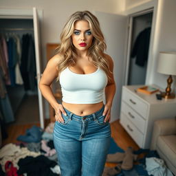 A full-length photograph of a beautiful and curvy young woman with very thick, long, messy dirty blond hair and striking crystal blue eyes
