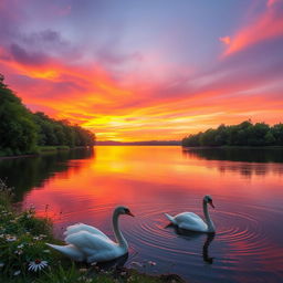 A breathtaking view of a serene sunset over a tranquil lake, with vibrant hues of orange, pink, and purple reflected in the water