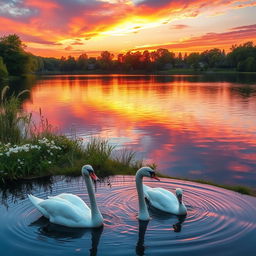 A breathtaking view of a serene sunset over a tranquil lake, with vibrant hues of orange, pink, and purple reflected in the water