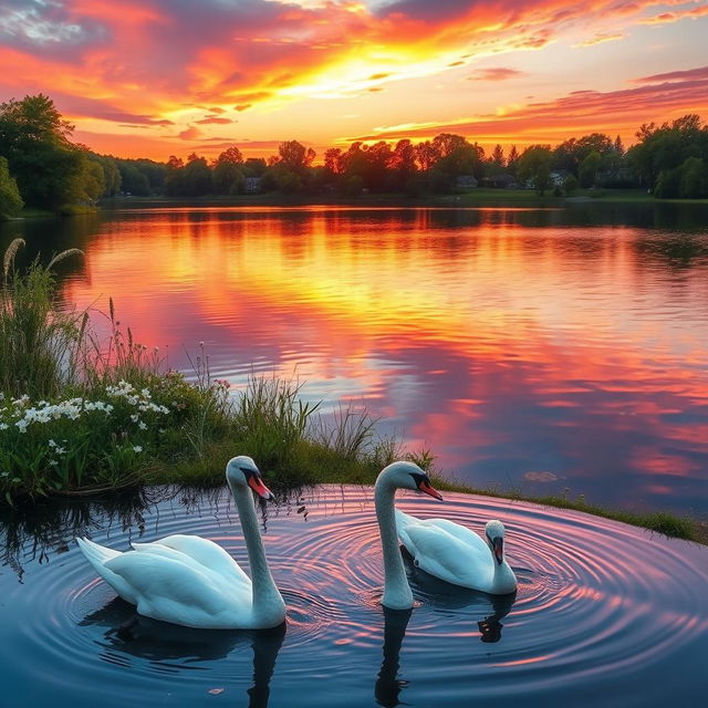 A breathtaking view of a serene sunset over a tranquil lake, with vibrant hues of orange, pink, and purple reflected in the water