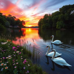 A breathtaking view of a serene sunset over a tranquil lake, with vibrant hues of orange, pink, and purple reflected in the water