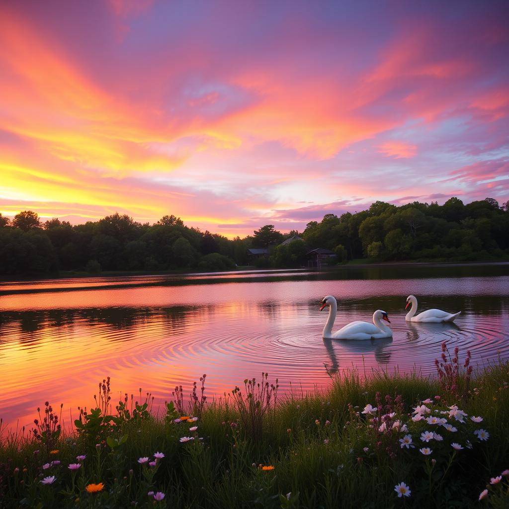 A breathtaking view of a serene sunset over a tranquil lake, with vibrant hues of orange, pink, and purple reflected in the water