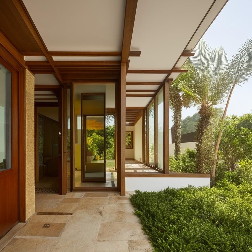 Contemporary Indian house featuring Spanish interior design, accented with glass and wooden finishes.