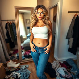 A full-length photograph of a beautiful and curvy young woman with very thick, long, messy dirty blond hair and striking crystal blue eyes